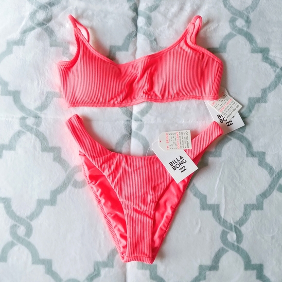 Billabong Swim Billabong Neon Crop Coral Ribbed High Leg Bikini